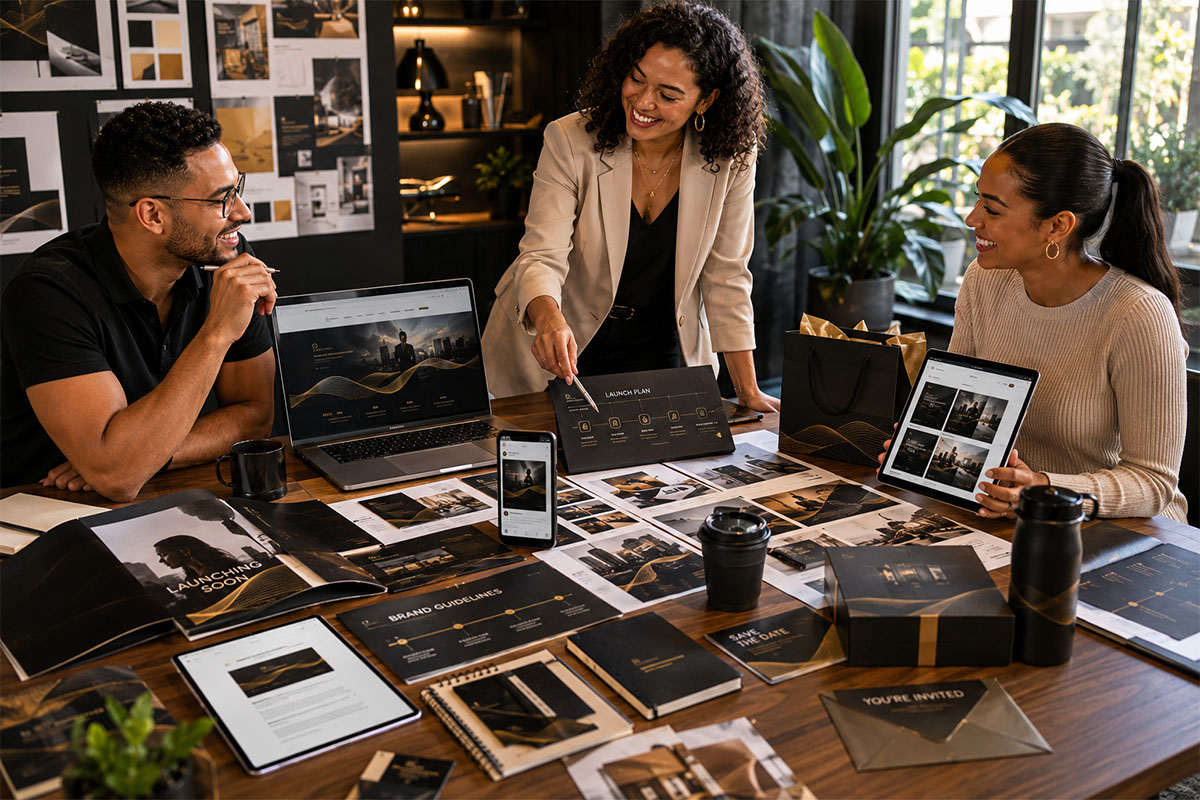Creative team preparing launch assets across screen and print