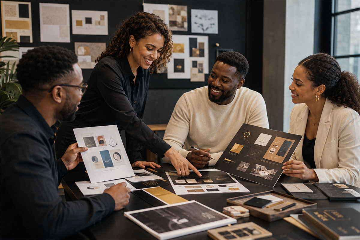 Creative team refining brand identity materials and colour palettes