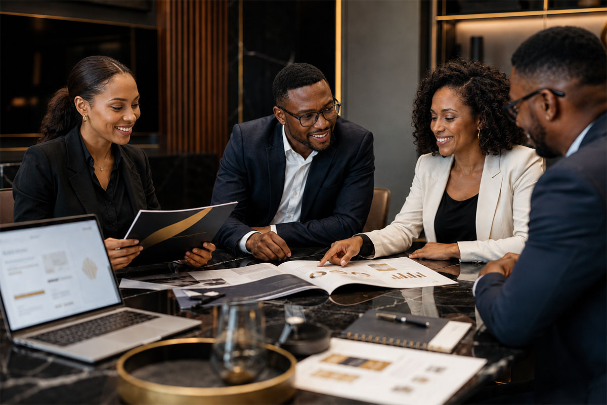 Professional team reviewing company profile and presentation material