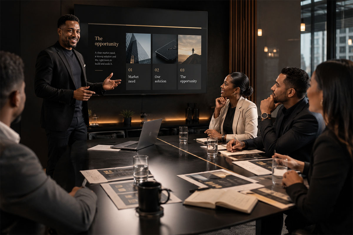 Business team discussing a pitch deck in a boardroom