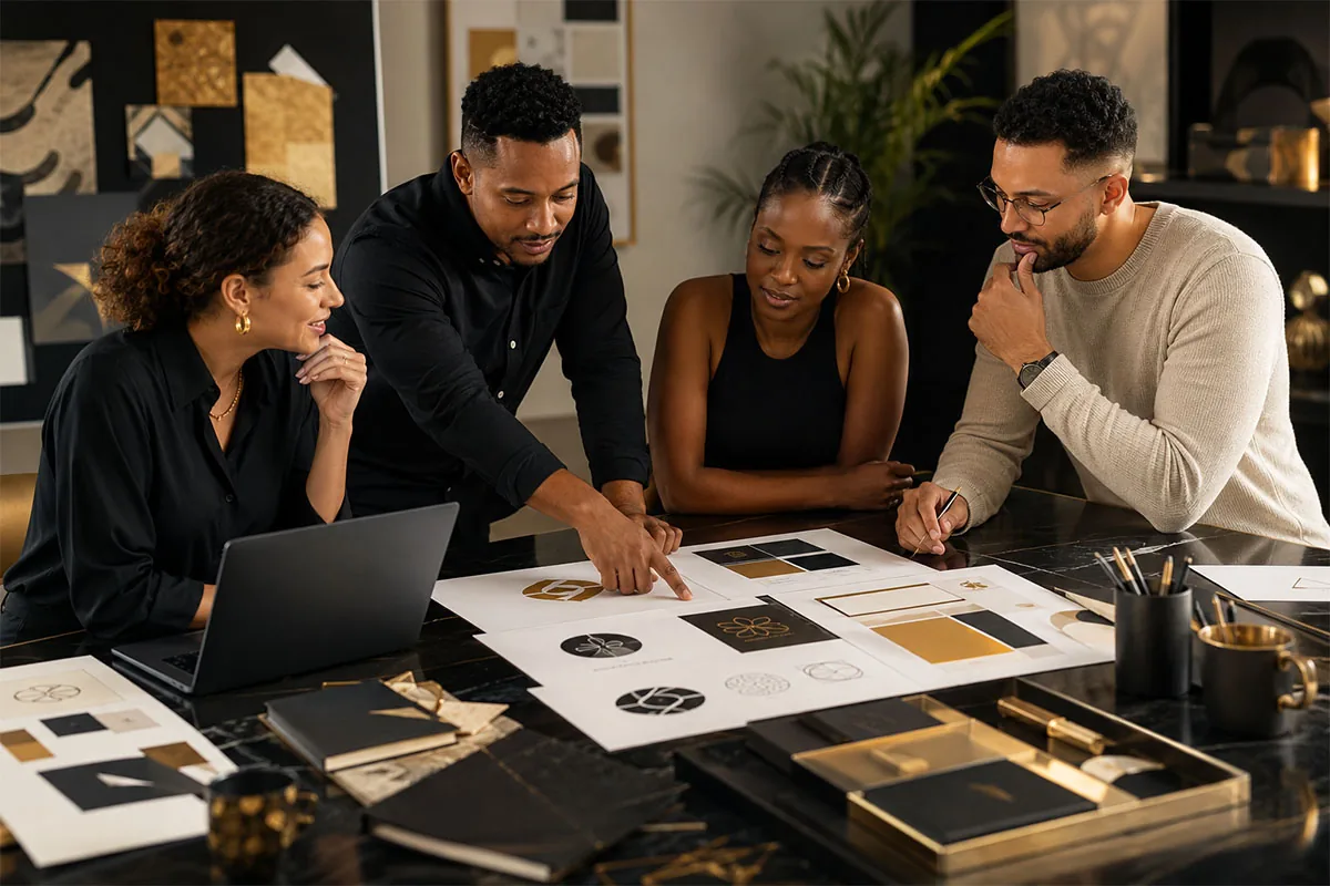 African and South African creative team reviewing brand identity materials in a premium studio
