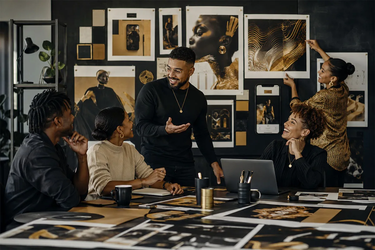Marketing team planning integrated campaign visuals across print social and digital channels