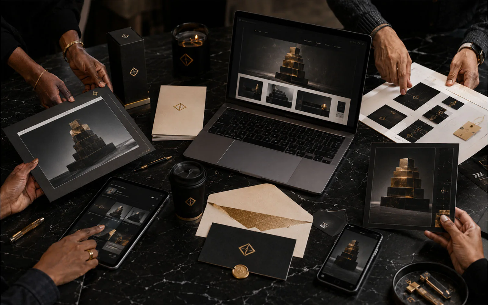 Hands preparing final brand assets across laptop phone print and campaign materials