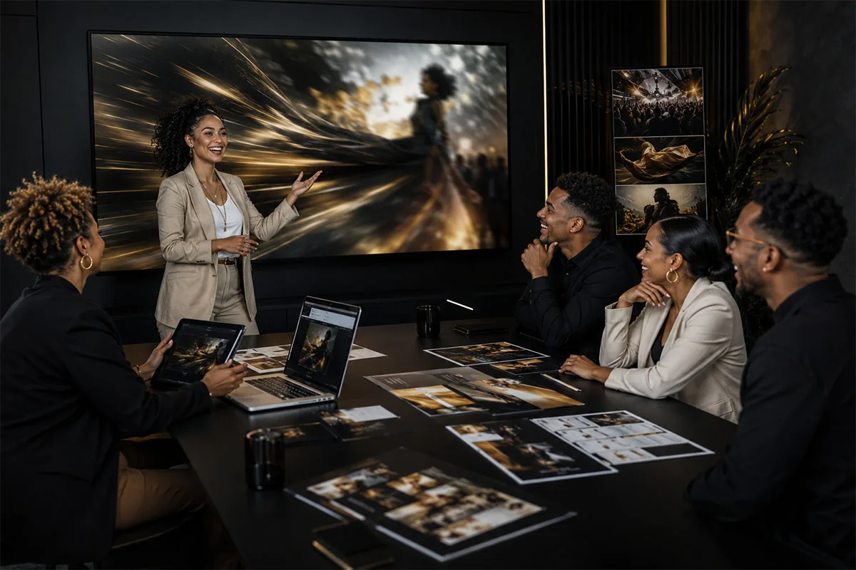 Creative team presenting motion and launch assets on a large screen