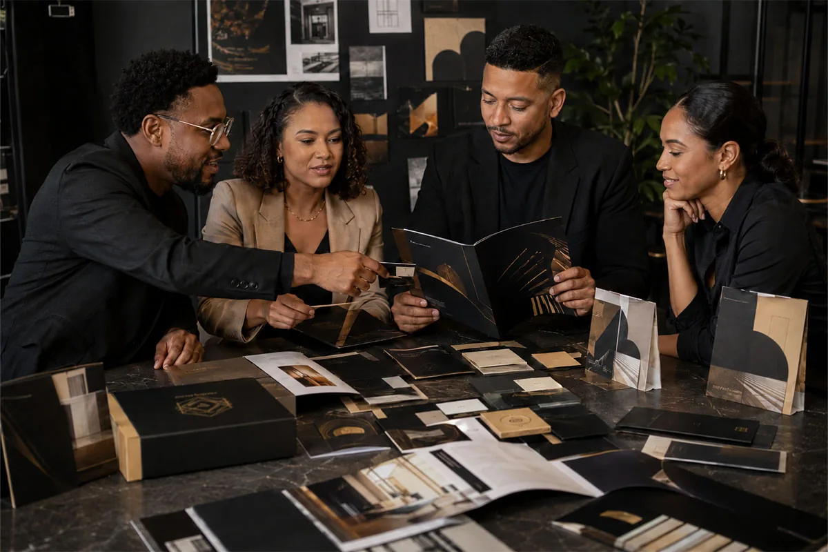 Creative team reviewing premium printed brand collateral and brochure mockups