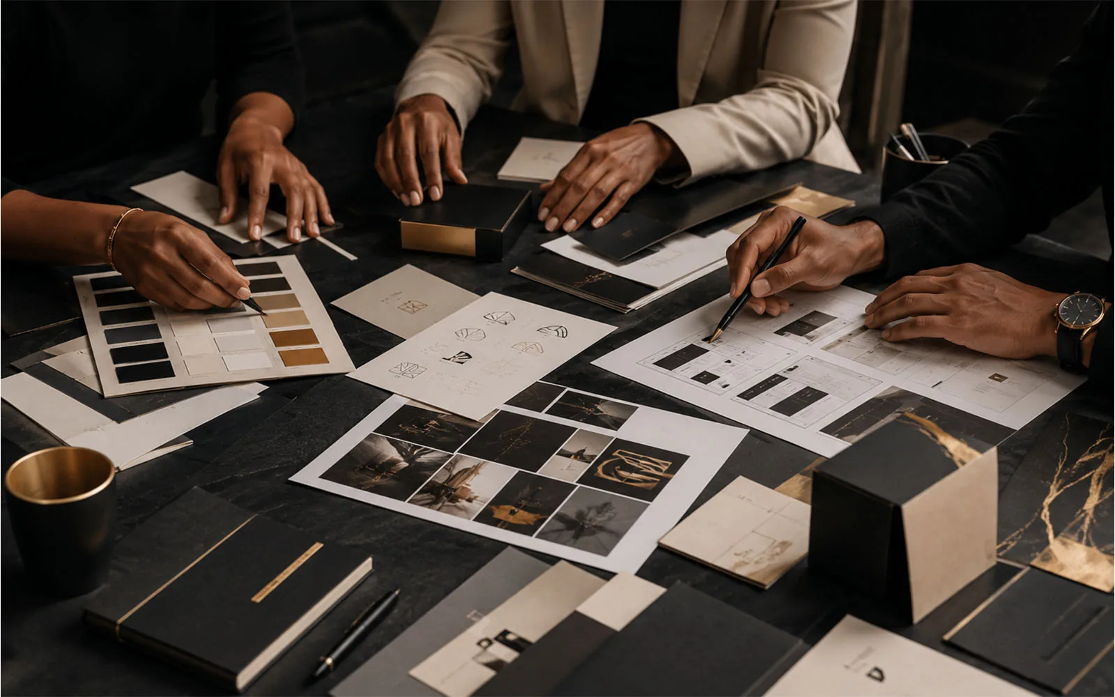Hands arranging design options and colour swatches during the refinement stage