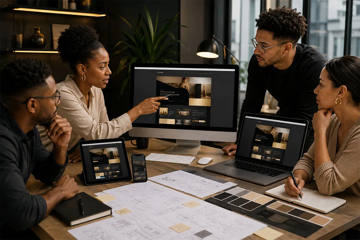 Creative team reviewing website design layouts across desktop tablet and mobile screens
